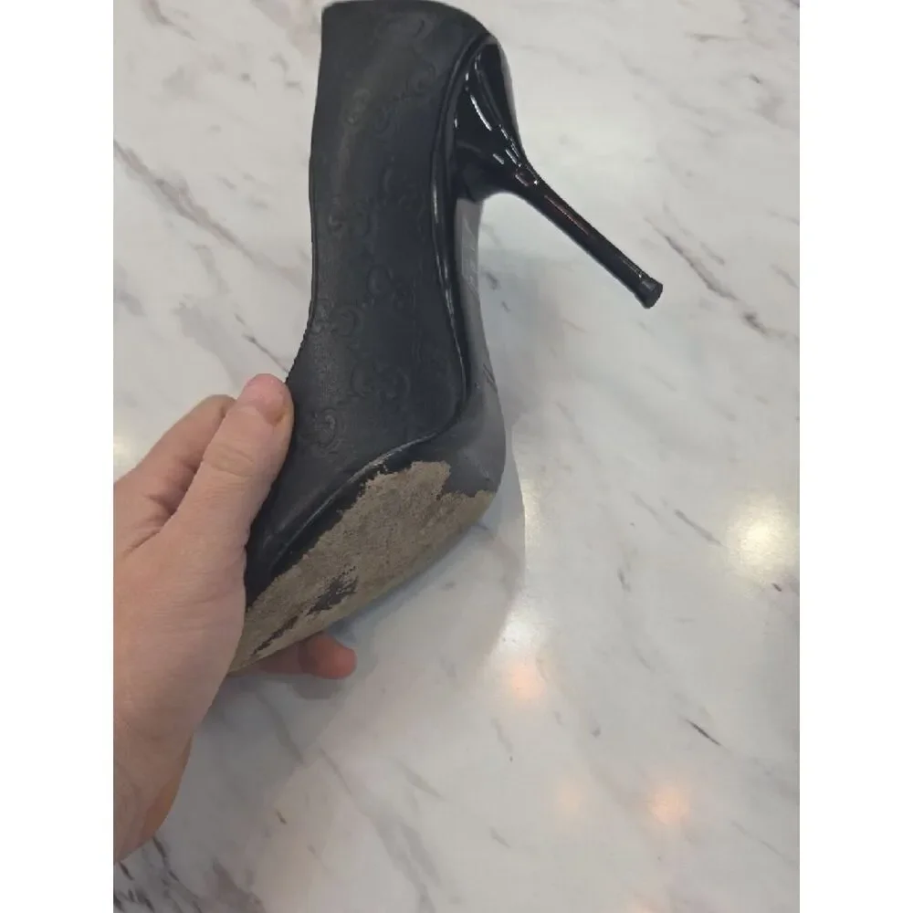 Gucci Black Embossed Open-Toe Stiletto Pumps